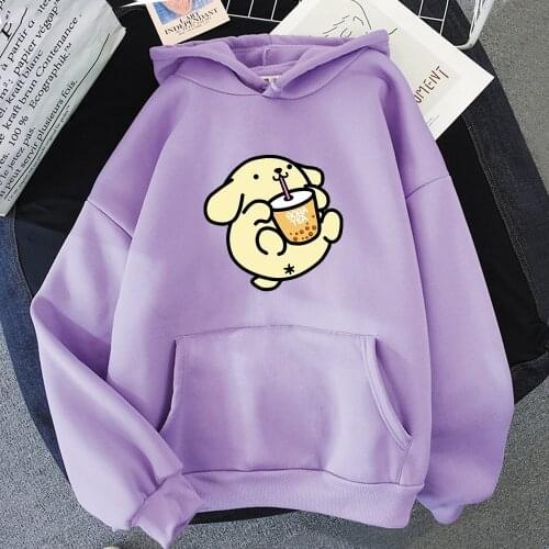 Boba Tea Woofa Hoodie Cute Dog Hooded Sweatshirt Harajuku Hoodies Lovely Streetwear Kawaii Casual Hoody O-Neck Womens Hooded