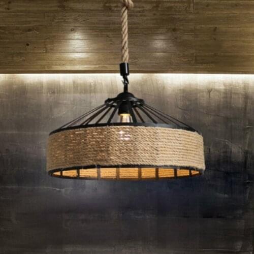 Retro Industrial Iron Vintage Loft Chandelier Hanging Lamp Vintage Rope Pendant Lamp Ceiling Lamp, Rustic Hemp Rope Iron