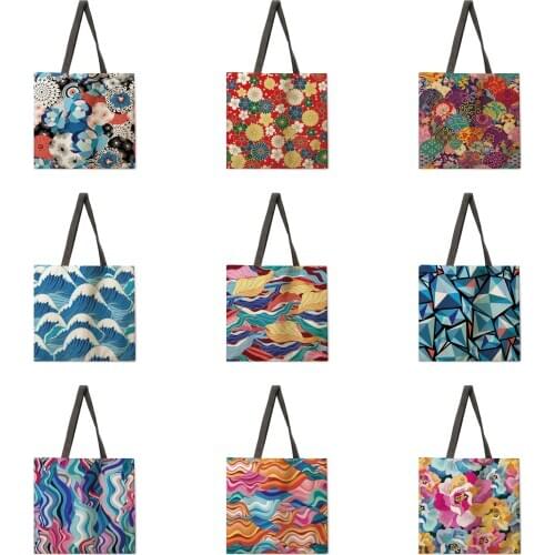 Japanese decorative painting printing tote bag linen fabric bag casual folding shopping bag outdoor beach bag everyday handbag