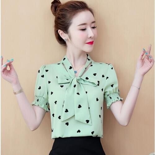 Women Spring Summer Style Chiffon Blouses Shirts Lady Casual Short Sleeve Bow Tie Heart Printed Blusas Tops ZZ0392