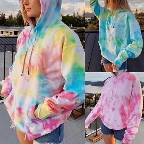 Hooded Tie-dye Print Autumn Womens Hoodies Long Sleeve Drawstring Pockets Female Sweatshirts 2021 New Streetwear Ladies Hoodie