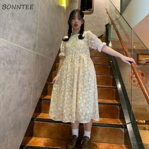 Dresses Women Floral Korean Preppy Style Summer Loose All-match Square Collar Fashion Students Sweetie Leisure Ladies Ulzzang