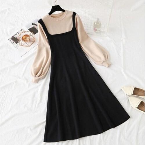 Autumn Winter Long Knit patchwork Sweater Dress Women Elegant Lantern sleeve Knitted Dress Casual O-neck Bottoming Vestidos