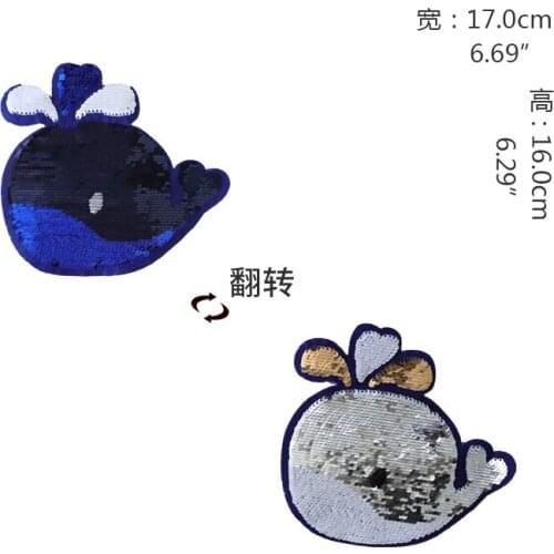 2PCS Cutie Whale Sequins EMB Applique Sew On Patch DIY Embroidered Bling Bling Carton Whale double-faced Reversible for Clothing