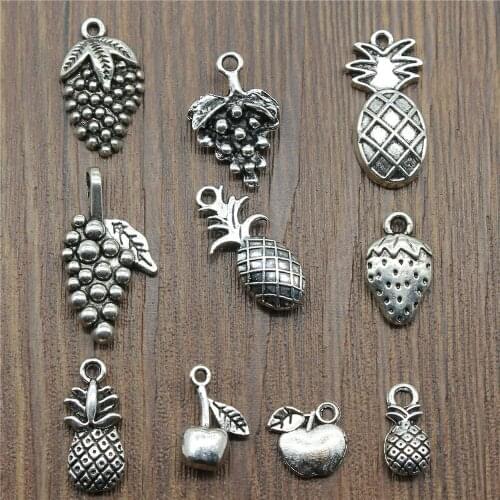 20pcs Fruit Charms Pineapple Apple Grape Pendants Jewelry Making Strawberry Charms For Bracelet Making Antique Silver Color