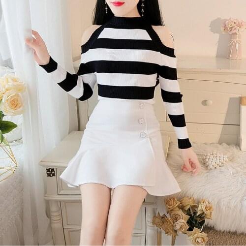 2020 Striped Colored Women Knitted Sweater Skirt Suits OL Autumn Winter Vintage Fashion Clothing Sets