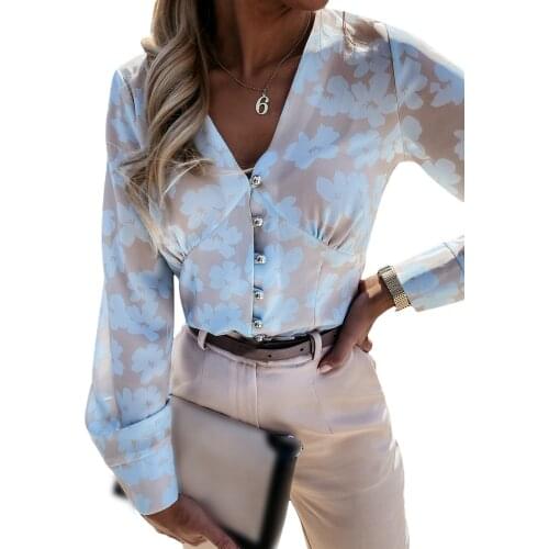 2021 Fashion Trend Floral Print Casual Shirt Women Long Sleeve V Neck Slim Fit Blouses Holiday Spring Autumn Sexy Ladies Tops