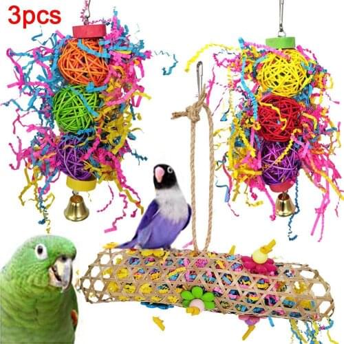 3Pcs Pet Bird Parrot Bell Rattan Ball Hanging Climbing Cage Bite Chew Molar Toy Colorful Woven Creative Pendant Bird Accessory