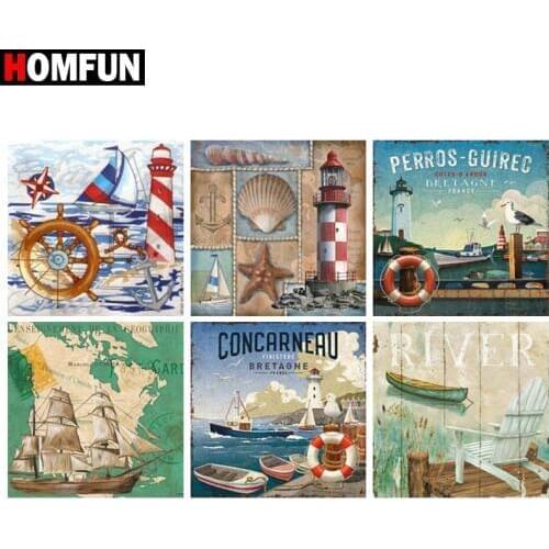 HOMFUN Diy 5d Diamond Painting "Seascape boat tower text" Cross Stitch Square Round Diamond Embroidery Handwork Rhinestone Art