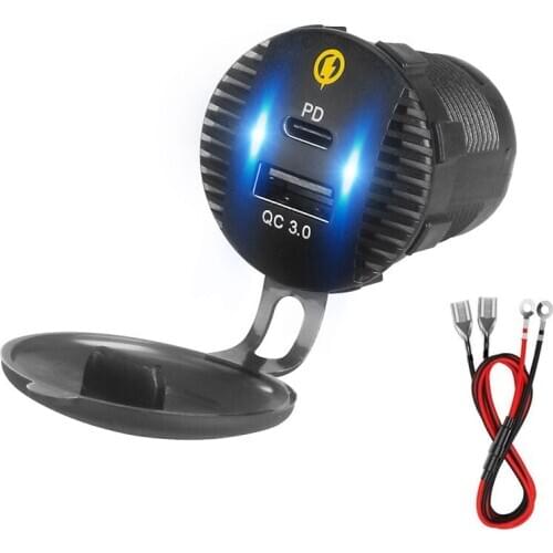 36W PD Power Delivery Type C USB Car Charger Socket QC 3.0 USB 12V/24V Car Power Waterproof for Motorcycle Marine Boat RV ATV