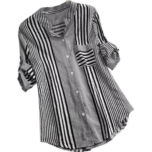 Long Women Plus Size Three Quarter Blouses Women Casual Striped Print V-neck Loose Fit Top Tee lady Blouse Zip-up Soft Shirt