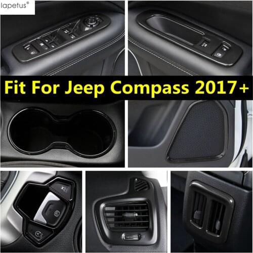 Lapetus Black Interior Refit Kit For Jeep Compass 2017 - 2020 ABS Air AC / Cup Holder / Front Dashboard Molding Cover Trim