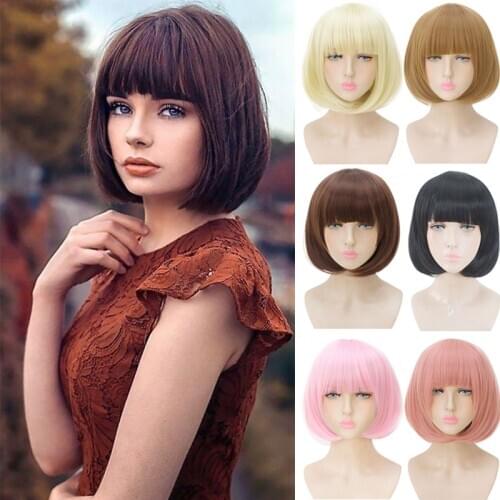 DIANQI 14 "bob synthetic wig with bangs for black women blonde pink red black short hair natural bob cosplay wig for women party