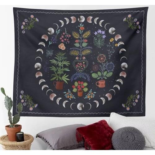Moon Phase Tapestry Black Wall Tapestrie Floral Boho Wall Hanging Divination Witchcraft Tapestrys Mandala Room Décor 95*73cm