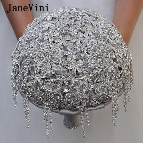 JaneVini Luxury Silver Gray Wedding Bouquets Sparkling Full Beaded Handmade Satin Roses Bride Flower Bouquet Wedding Accessories