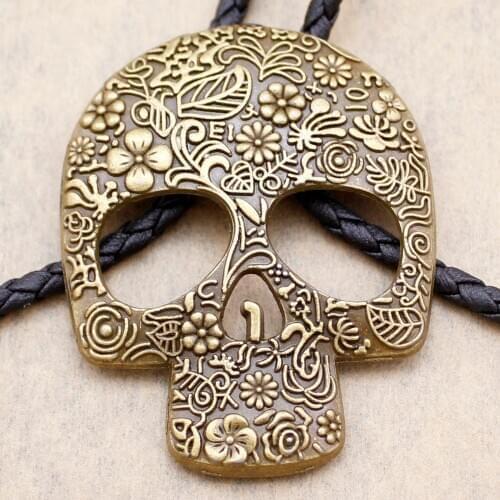 Corbata Southwest Indian Big Skull Brocade Leather Lariat Neckace Line Dance Men Women Unisex Gravatas Borboleta Bolo Tie