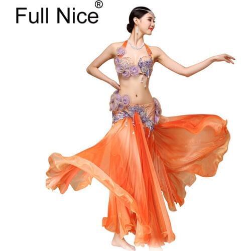 Women Dancewear Performance Egyptian Bellydance Clothes Outfit C/D Cup Maxi Skirt Orange Belly Dance Costume Set 2pcs