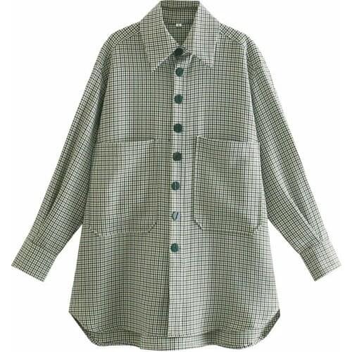 Merodi Women Fashion Double Big Pockets 2021 Za Green Long Shirts Femlae Casual Single Breasted Houndstooth Print Loose Tops
