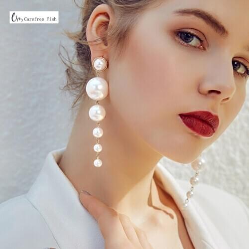 Trend Elegant Simulation Pearl Long Earrings Female White Round Pearl Wedding Pendant Earrings Fashion Korean Jewelry Earrings