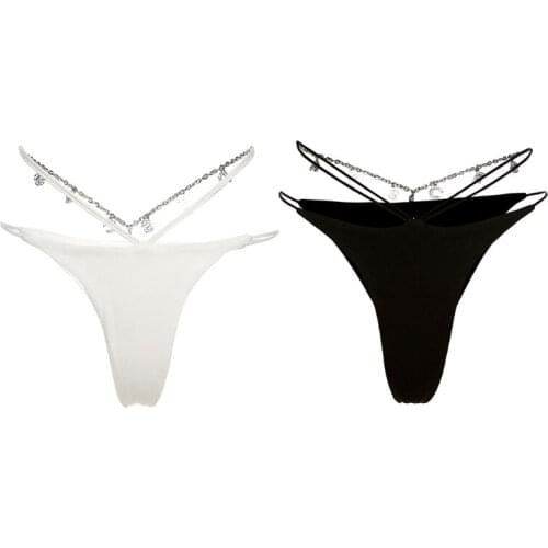 MXMA Womens Sexy Low Waist Thong Panties Rhinestone Letters Pendant Chain Strappy Lingerie Briefs Solid Color Temptation T-Back