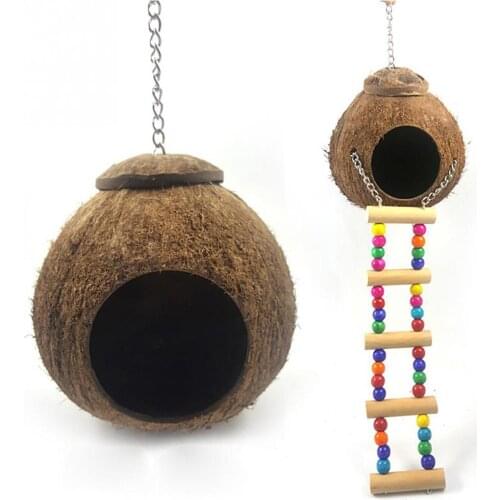 2021 New Natural Coconut Shell Bird Nest House Pet Parrot Hut Cage Hanging Toy Bird Cage Cover Bird Houses Hamster Shed House