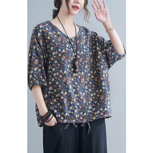 2021 New Arrival Loose Summer T Shirts Cotton Linen Print Floral Vintage Prairie Chic T Shirt Women Casual Tops Tshirt Tee Shirt