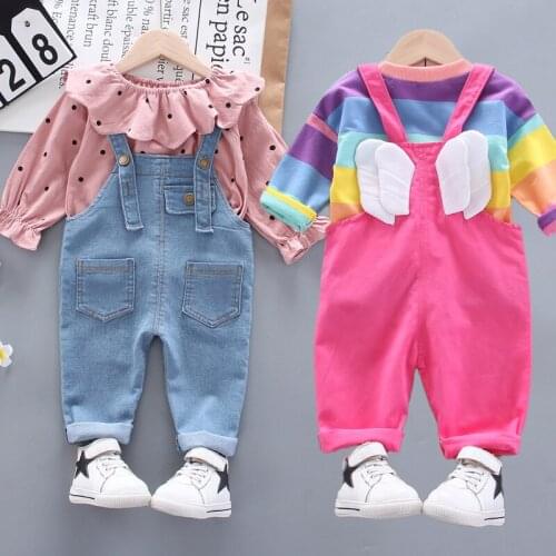 Baby Girl Clothes 1- 4 Years Cute Kid Autumn Doll Collar Shirt Polka Dot Shirt + Denim Strap Pants 2pcs Children Costume Outfits