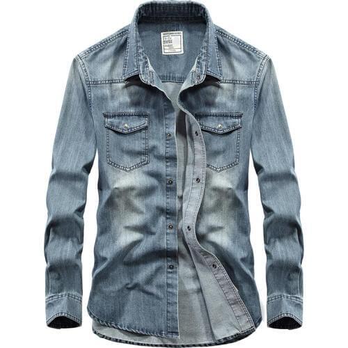 Autumn Denim Shirt Men Long Sleeves Turn Down Collar Covered Buttons Jeans Shirts Mens Vintage Shirt For Men Plus Size S-4XL