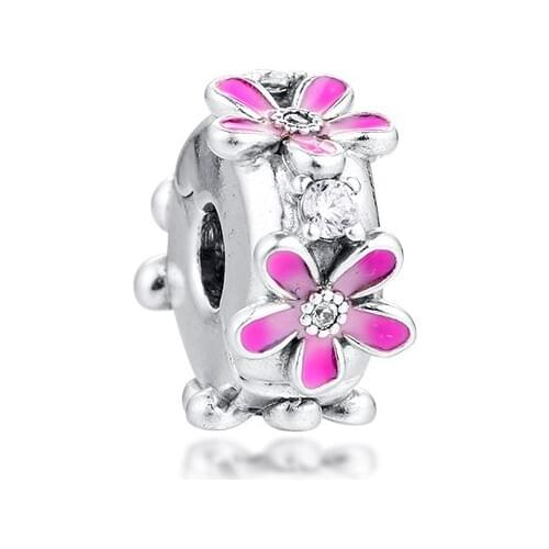 Fits Pandora Bracelet Pink Flower Clip Charm Original 925 Sterling Silver Metal Beads DIY Jewelry Making Berloque Bijoux Femme
