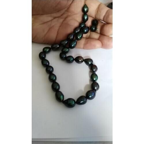Stunning 12-13mm baroque tahitian black geen pearl necklace24inch 925silver