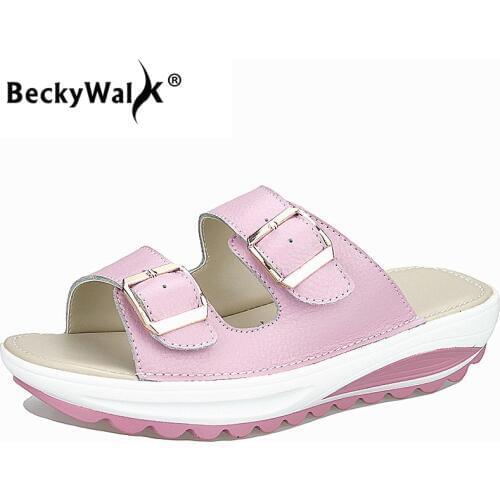 BeckyWalk Womens Sandals Genuine Leather Women Summer Shoes Platform Wedges Female Slides Beach Slippers Big Size 35-42 WSH2725