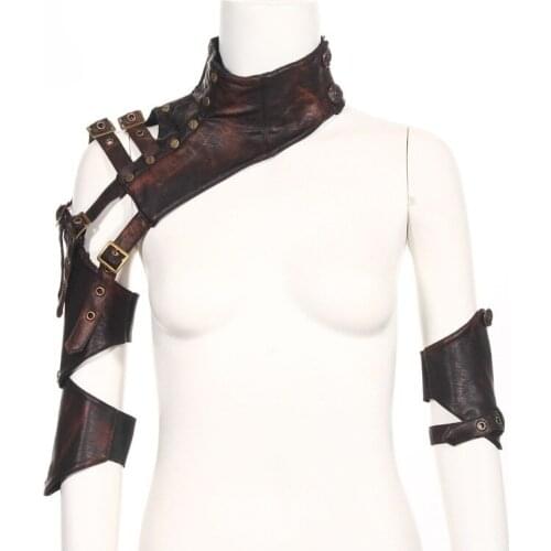 Steampunk Female PU Leather Arm Warmers Long Fingerless Arm Warmer with Belt Brown Arm Sleeves for Arm Protection