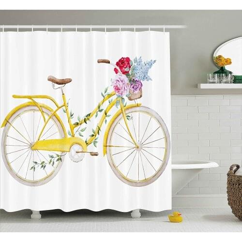 Vintage Shower Curtain Watercolor Style Effect Bicycle with Leaves and Flowers in The Basket Bath Curtains for Bathroom Decor