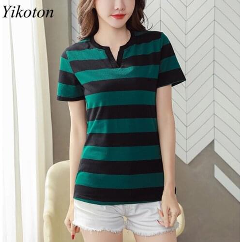 2021 Summer Womens Top Cotton T-Shirts V-neck T Shirt Women Short Sleeve Casual T Shirts Stripe Basic T-Shirt Plus Size Tee Top