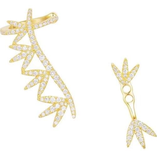 SLJELY Women 925 Sterling Silver Yellow Gold Color Asymmetric Laurel Leaves Ear Bone Clip Earrings Micro Pave Zirconia Stones