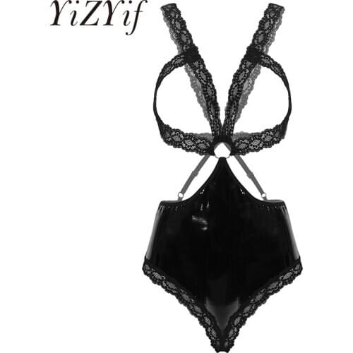 Women Erotic Lingerie Teddy Bodysuit Floral Lace Open Cups Bra with Patent Leather Spliced Open Butt Bottoms One-piece Nightwear