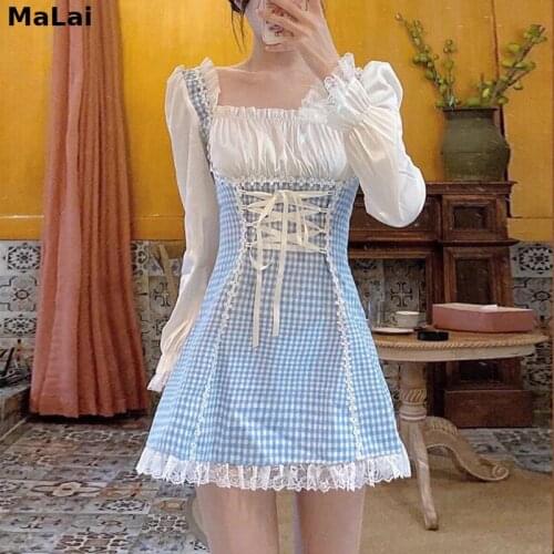 Lolita Mini Dress Women Japanese Style Square Collar Bandage Plaid Gothic Dress Soft Girl Kawaii Lace Fairycore Ruffles Dresses