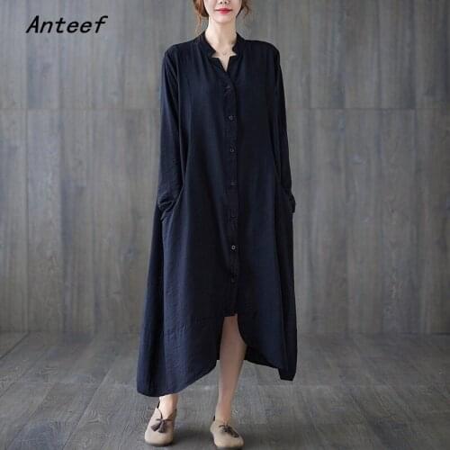 Anteef long sleeve cotton oversized vintage dresses for women casual loose spring autumn shirt dress elegant clothing 2021