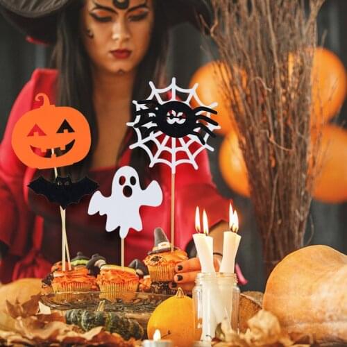 2Set Wood Cake Topper DIY Halloween Decoration For Home Decor Spider Pumpkin Bat Cupcake Flag Masquerade Party Decorations Props