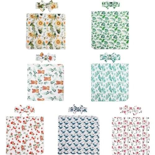 2 Pcs Baby Floral Printed Receiving Blanket Headband Set Sleepsack Swaddle Wrap Hair Band Headwrap Kit for Newborn G99C