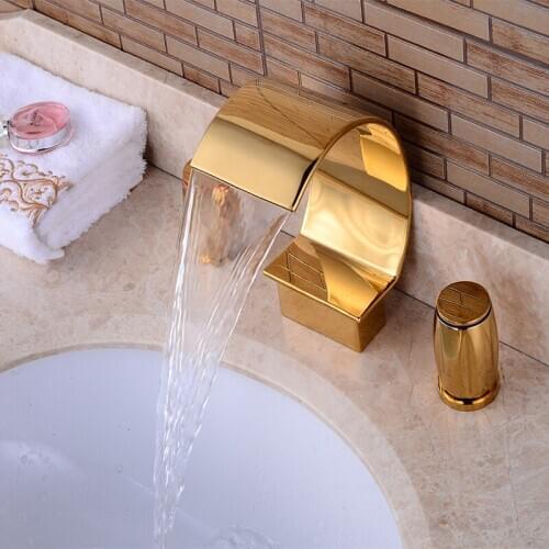 Free ship Golden Bathroom solid Brass Dual Handles Waterfall Sink Faucet Widespread Mixer Tap
