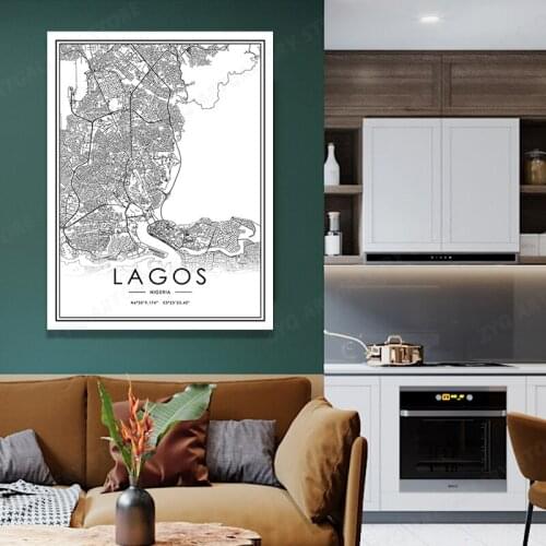 Black White Line City Map Poster LAGOS Nordic Canvas Painting Prints And Posters Wall Art Pictures For Home Decor
