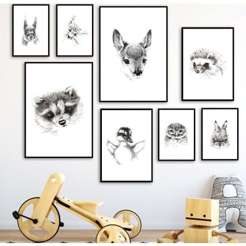 Black White Animal Raccoon Deer Rabbit Fox Nordic Posters And Prints Wall Art Canvas Painting Wall Pictures Baby Kids Room Decor