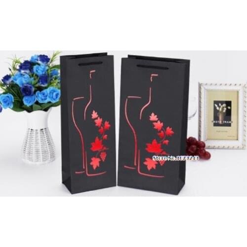 Black bronzing leaf Wine Paper Bag , Single Double Bottle Bag Portable Wine Oil Bottle Carrier Package bags 100pcs/lot