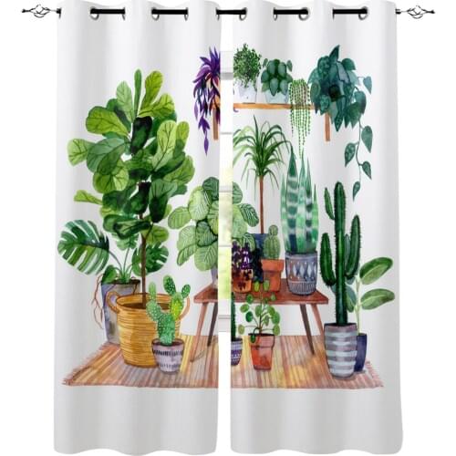 Flowerpot WatercolorCactus Leaves Window Curtains LivingRoom Kitchen Curtains for Bedroom Left and Right Biparting Open Curtains