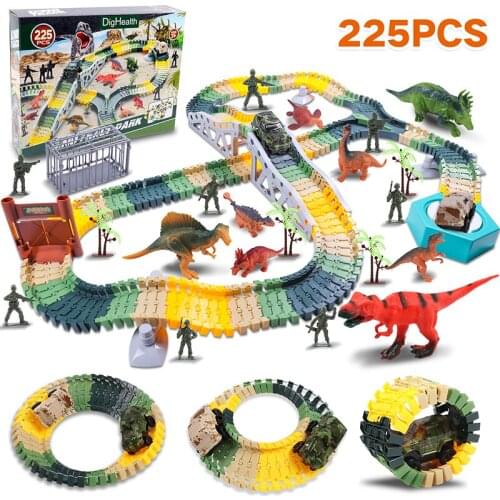 Dinosaur Racing Track Toy Set Railway Toy Car Flexible Cartoon soldiers Track Playset Birthday Gift for Kids 3-8 Years Old