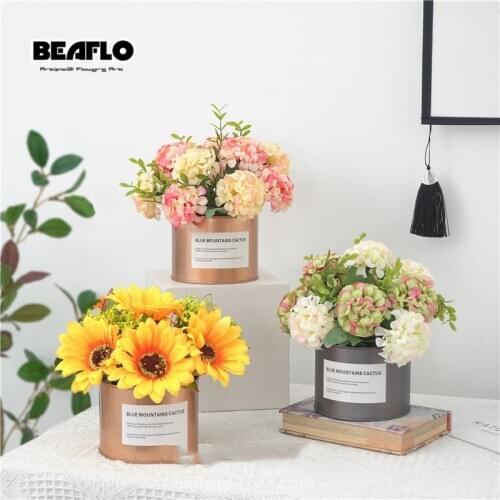 Artificial Flowers With Vase Potted Bonsai Ball Hydrangea Plants Fake Flowers Ornaments for Home Garden Party Hotel Decor