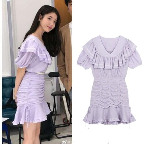 Kpop IU Lee Ji Eun korean sweet elegant purple puff sleeve slim Dress Women summer Fairy style fashion sexy bag hip Mini Dresses