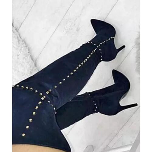 Fashion Blue Suede Leather Women Over The Knee Boots Gold Studs Ladies High Heel Boots Sexy Point Toe Rivets Motorcycle Boot