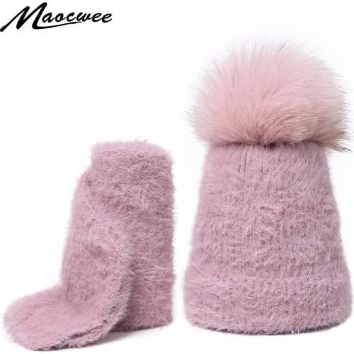 Scarf Set Real Fur Pom Pom Hat Children Winter Female Warm Wool Nature Fur Crochet Beanie Knitted Soft Solid Elasticity
